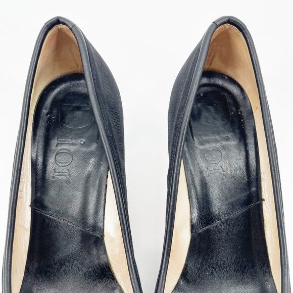 Dior Black Monogram Canvas CD Charm Bow Square Toe Mid Heel Pumps EU 37.5 - Picture 8 of 12